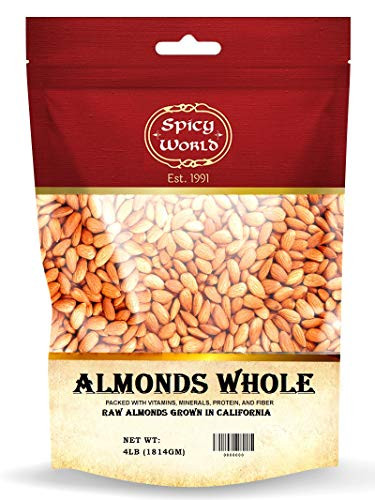 Spicy World Almonds Whole 4 Pound - Natural Raw Grown in California