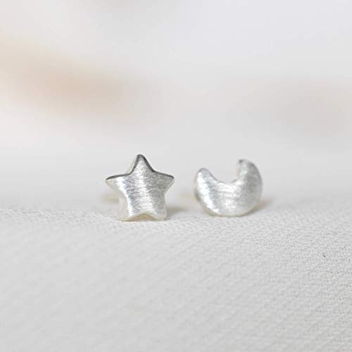 Mismatched Tiny Star and Moon Stud Earrings in Sterling Silver 925 Mismatched Tiny Star and Moon Stud Earrings in Sterling Silver 925