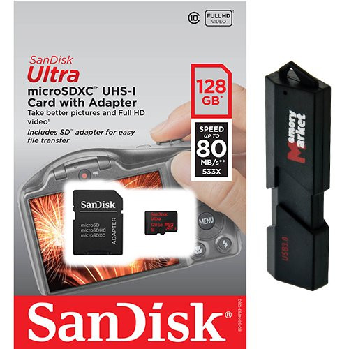 SanDisk Ultra 128GB UHS-I Class 10 MicroSDXC Memory Card Up to 80mbs SDSQUNC-128G with Adapter and USB 3_0 Ultra High Speed MemoryMarket with 2-Slot MicroSD SD Memory Card Reader SanDisk Ultra 128GB UHS-I Class 10 MicroSDXC Memory Card Up to 80mbs SDSQUNC-128G with Adapter and USB 3_0 Ultra High Speed MemoryMarket with 2-Slot MicroSD SD Memory Card Reader