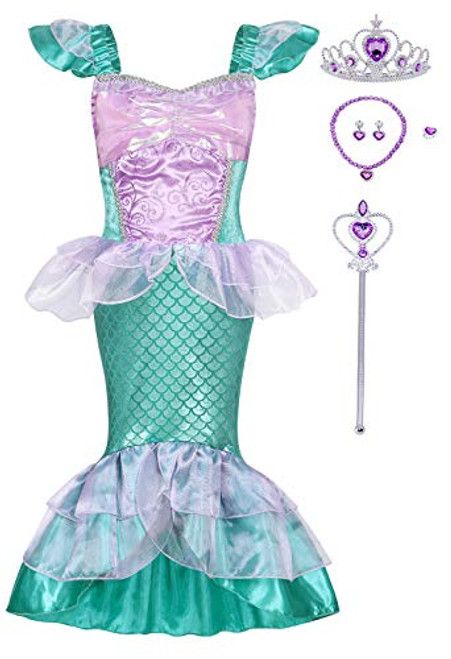 HenzWorld Little Girls Dresses Mermaid Costume Princess Birthday Party Halloween Cosplay Role Pretend Clothes Ruffle Cap Sleeve Outfits Jewelry Accessories Kids 4T