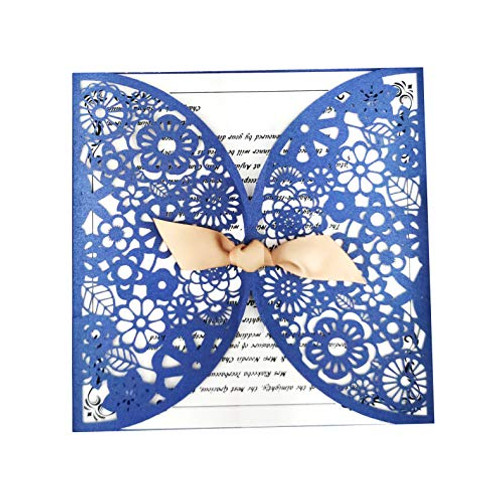 Fashmade 50 Pcs Blue Blank Wedding Invitations with envelopes Birthday Card Bridal Shower Invites Party Engagement Cards Flower Beauty Laser Cut Baby Shower Personalized