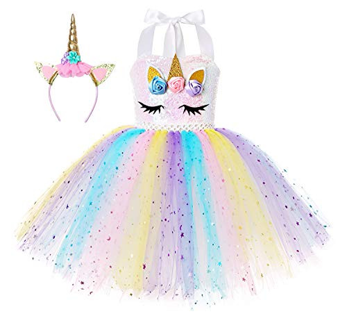 Cuteshower Girl Unicorn Costume Baby Unicorn Tutu Dress Outfit Princess Party Costumes with Headband 5-6 Years Color Moon