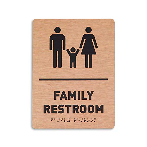Family Restroom Identification Sign - ADA Compliant Bathroom Sign Raised Icons Raised Braille Brushed Bronze TCO Inspection Certified 6W x 8H - by GDS