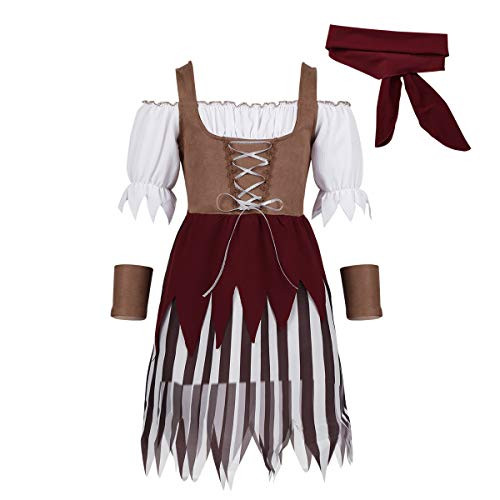 zdhoor Kids Girls 3PCS Pirate Halloween Cosplay Costume Off Shoulder Princess Dress with Head Scarf Wristband Set Brown 10-12