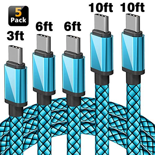 USB c Cable,5 Pack [3FT 6FT 6FT 10FT 10FT] Nylon Braided Fast Charging USB Type C Cable,USB Type C Charger Cable for Samsung Galaxy S8 S9,Note 8 S8 Plus, LG G6 G5 V30,Moto Z2, Pixel 2.(Blue)