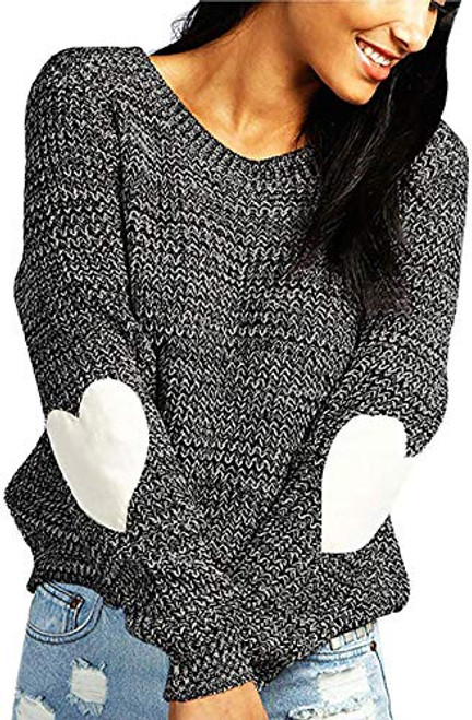 shermie Pullover Sweaters for Women Cute Heart Pattern Patchwork Long Sleeve Round Neck Knits Sweaters Dark Grey Medium