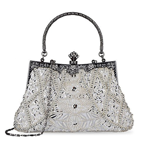 KISSCHIC Womens Vintage Beaded and Sequined Evening Bag Wedding Party Handbag Clutch Purse Silver