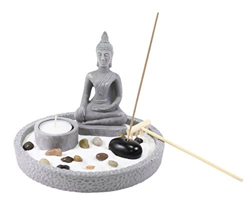 Tabletop Buddha Statue Zen Garden with Sand Rock Rake Candle Holder Incense Burner Home Decor