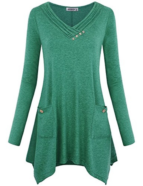 MOQIVGI Tunic Tops for Leggings for WomenCowl Neck Long Sleeve Fall Shirts Nice Modest Career Blouse Office Wear Cozy Modern Fit Sharkbite Hem A-line Pullover Sweatshirt with Pockets Green XX-Large