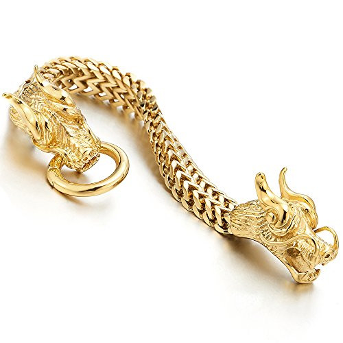 COOLSTEELANDBEYOND Gothic Biker Mens Stainless Steel Gold Color Dragon Curb Chain Bracelet Spring Ring Clasp 8_5 Inches COOLSTEELANDBEYOND Gothic Biker Mens Stainless Steel Gold Color Dragon Curb Chain Bracelet Spring Ring Clasp 8_5 Inches