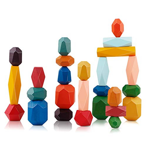 FancyWhoop 26PCS Wooden Rocks Stones Wood Balance Rainbow Stacked Stone Blocks Set Game Natural Colored Building Block Montessori Toys Educational Creative Puzzle Toy for Early Math Kids
