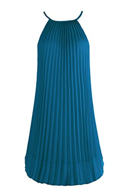 Ellames Womens Summer Spaghetti Strap Pleated Casual Swing Midi Dress with Belt Steel Blue Large