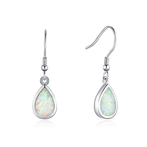 FANCIME Sterling Silver White Opal Teardrop Dangle Earrings Dainty Pear Shaped Hook Earrings Jewelry for Women Girls