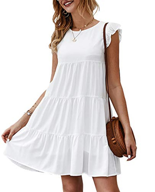 KIRUNDO Womens Summer Mini Dress Sleeveless Ruffle Sleeve Round Neck Solid Color Loose Fit Short Flowy Pleated Dress Medium White