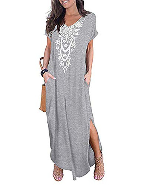 Kidsform Womens Short Sleeve Maxi Dress Summer Casual Loose Long Dress V Neck Split Floral Solid Beach Dress with Pockets H-Grey XX-Large Kidsform Womens Short Sleeve Maxi Dress Summer Casual Loose Long Dress V Neck Split Floral Solid Beach Dress with Pockets H-Grey XX-Large