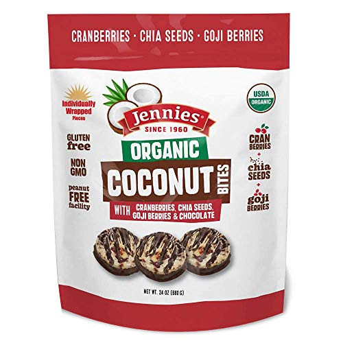 Jennies Organic Coconut Bites with Cranberries Chia Seeds Goji Berries   Chocolate 24 oz_