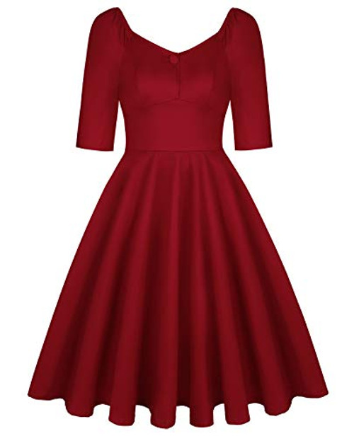 MINTLIMIT Womens Vintage 1950s Retro Rockabilly Prom Dresses 34 Sleeve Button Cocktail Dress Pockets Plain Wine Red Medium MINTLIMIT Womens Vintage 1950s Retro Rockabilly Prom Dresses 34 Sleeve Button Cocktail Dress Pockets Plain Wine Red Medium
