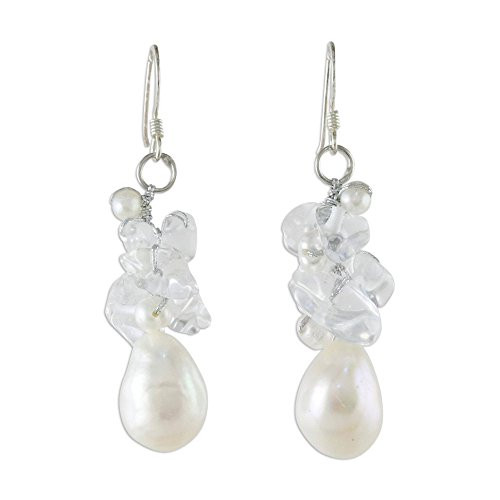 NOVICA Cultured Freshwater Pearl and Quartz Cluster Earrings with Sterling Silver Hooks Icicles