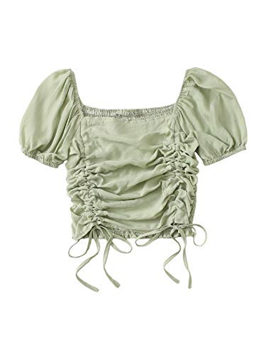 SheIn Womens Puff Short Sleeve Square Neck Shirred Drawstring Crop Blouse Top Mint Green Medium