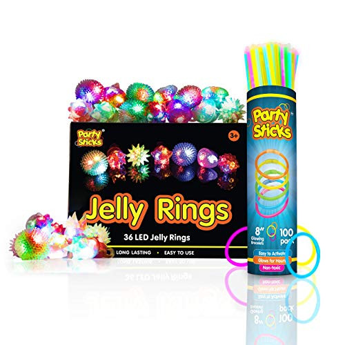 PartySticks Glow Party Bundle - 100pk 8 Glow Sticks with Connectors and 36pk Light Up Jelly Rings Wearable Glow in the Dark Party Favors and Party Supplies for Kids and Adults PartySticks Glow Party Bundle - 100pk 8 Glow Sticks with Connectors and 36pk Light Up Jelly Rings Wearable Glow in the Dark Party Favors and Party Supplies for Kids and Adults