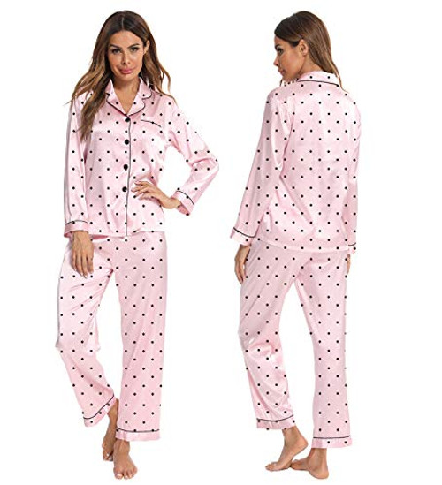 SWOMOG Womens Silk Satin Pajamas Long Sleeve Loungewear Two-Piece Sleepwear Button-Down Pj Set SWOMOG Womens Silk Satin Pajamas Long Sleeve Loungewear Two-Piece Sleepwear Button-Down Pj Set