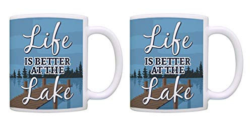 Vacation Gifts Life Is Better at the Lake Coffee Mug Set 2 Pack Traveler Coffee Mugs Tea Cups Blue