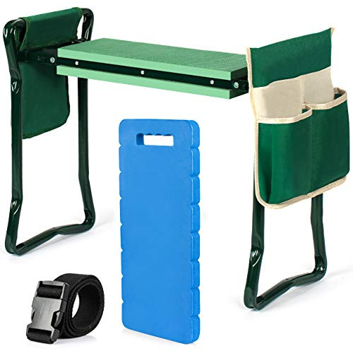 COSYLAND Garden Kneeler and Seat Foldable Soft Gardening Stool with Bonus EVA Kneeling Pad 2 Pouches and Detachable Belt Portable Kneeler Workseat for Gardening