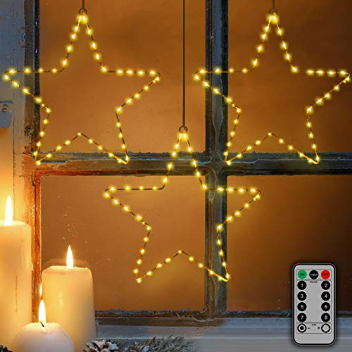 Window Lights 3 Pcs Christmas Window Star Lights with Timer Battery Operated Christmas Decorations 8 Lighting Modes with 3 Remote Controls for Outdoor Indoor Porch Party Warm White