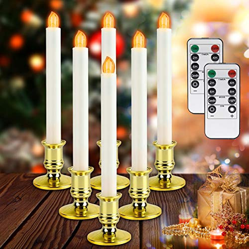 Christmas Window Candles Lights - 6 Pack Flameless Battery Operated Taper Candles with 2 Remote Timer Led Electric Candle Light with Removable Golden Holder Suction Cup Christmas Decor Candles