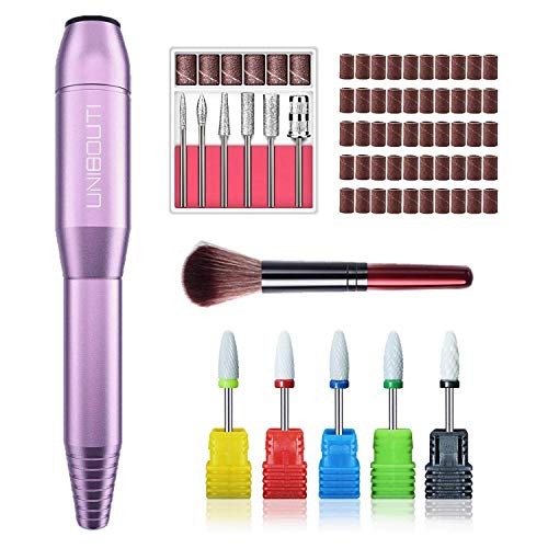 UNIBOUTI Portable Electric Nail Drill Compact Efile Nail Drill Kit for Acrylic Gel Nails Manicure Pedicure Polishing Shape Tools with 5pcs Corn Head Ceramic Drill Bit