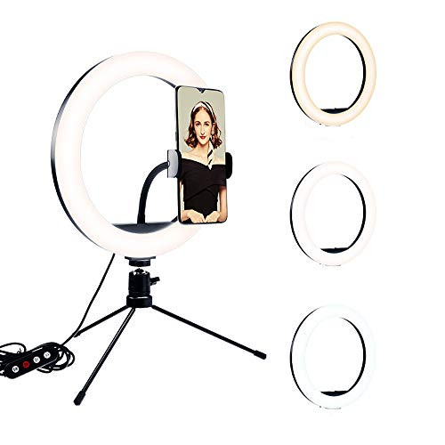 10 LED Selfie Ring Light for Live StreamMakeupYouTube Video Dimmable Beauty Ringlight with Tripod Stand and Phone Holder Compatible with iPhoneAndroid