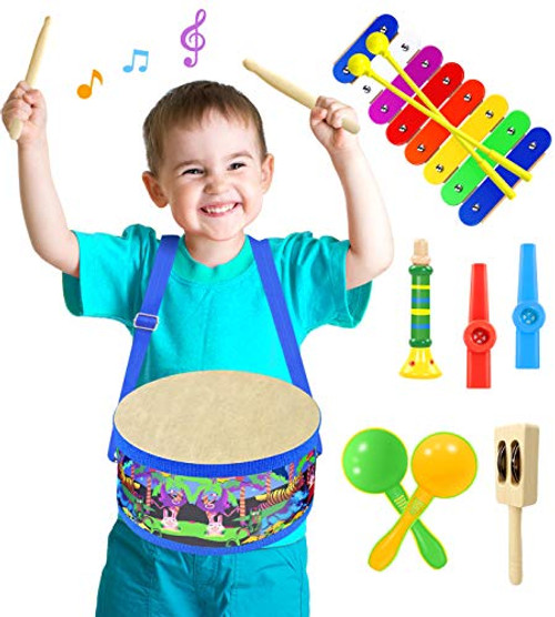 Smarkids Toddler Musical Instruments Toys Kids Drum Set 9-inch Wooden Drum with Drum Sticks Accurately Tuned Xylophone Maraca Kazoo Educational Percussion Sensory Toys for Toddler Boys Girls