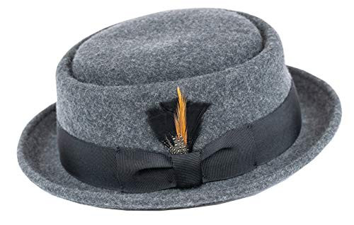 Mens Crush-able Wool Felt Porkpie Pork Pie Fedora Hats with Feather DTHE09 SM Charcoal Gray
