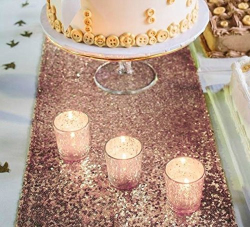 Haperlare 12 x 108 inch Sparkly Sequin Rose Gold Table Runner Glitter Rose Gold Sequin Tablecloth Rectangle Sequin Table Runner for Home Birthday Christmas Party Banquet Wedding Table Decoration