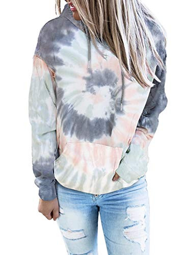 Diukia Womens Long Sleeve Drawstring Hoodie Tie Dye Print Hoodie Sweatshirt Casual Pullover Tops for Autumn Fall Winter Spring M