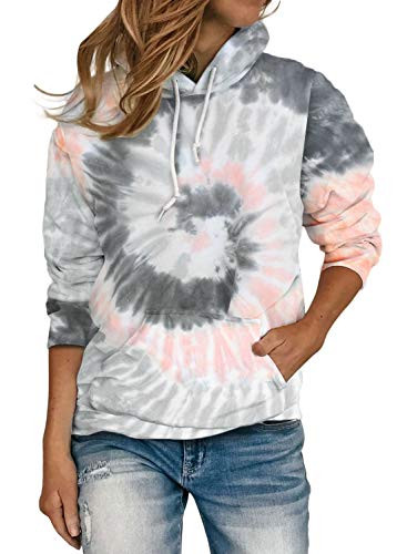 Diukia Womens Casual Long Sleeve Pocket Hoodie Pullover Tie Dye Color Block Hoodie Sweatshirt Tops for Autumn Fall Winter Spring Gray M
