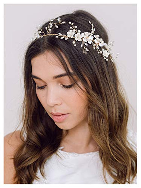 SWEETV Handmade Flower-Leaf Wedding Hair Acessories for Bride Rhinestone Bridal Headpiece Wedding Headband Pearl Hair Vine SWEETV Handmade Flower-Leaf Wedding Hair Acessories for Bride Rhinestone Bridal Headpiece Wedding Headband Pearl Hair Vine