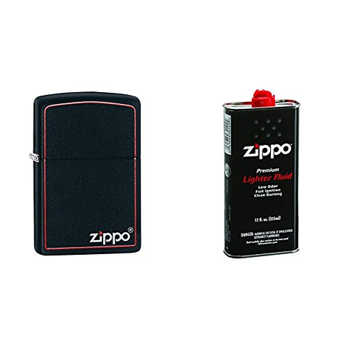 Zippo Black Matte with Red Border Pocket Lighter with 12 oz Lighter Fluid