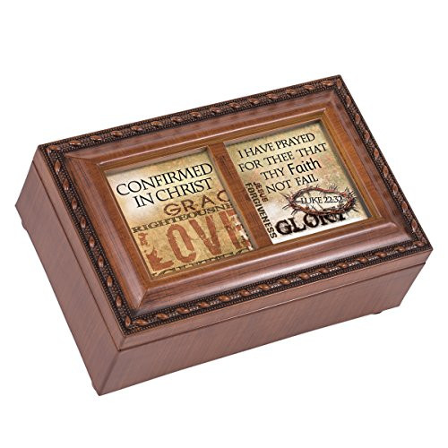 Cottage Garden Confirmed in Christ Grace Love Woodgrain Rope Trim Jewelry Music Box Plays Amazing Grace