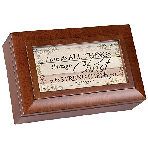 Cottage Garden Can Do All Things Through Christ Woodgrain Rope Trim Jewelry Music Box Plays Amazing Grace