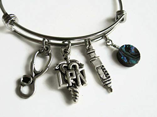 LPN Caduceus Bracelet with Abalone Shell Expandable Bangle Bracelet Stainless Steel Bracelet Licensed Practical Nurse Jewelry