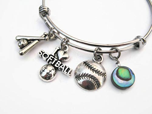 Softball Bracelet with Abalone Shell Expandable Bangle Bracelet Stainless Steel Bracelet I Love Softball Gift