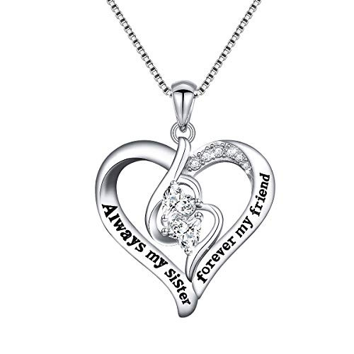 925 Sterling Silver Always My Sister Forever My Friend Double Love Heart Sister Necklace Box Chain 18