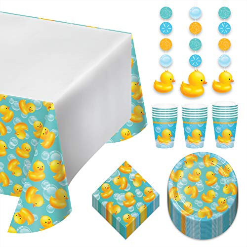 Rubber Duck Dessert Party Pack - Bubble Bath Paper Plates Napkins Cups Table Cover and Hanging Cutouts Set Serves 16 Rubber Duck Dessert Party Pack - Bubble Bath Paper Plates Napkins Cups Table Cover and Hanging Cutouts Set Serves 16