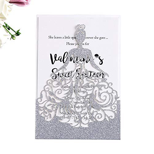 PONATIA 25PCS Laser Cut Crown Wedding Invitations Cards For Birthday Sweet 15 Quinceañera Party Invite Wedding Bridal Engagement Invite Silver Glitter