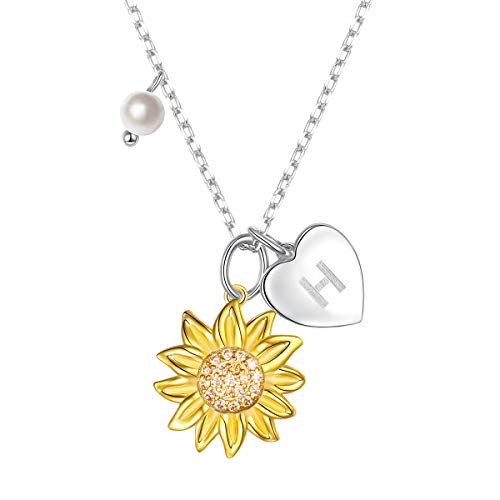 Sterling Silver Gold Tone Sunflower Initial 26 Letter Script Name Alphabet A to Z Necklace Personalized Pendant H