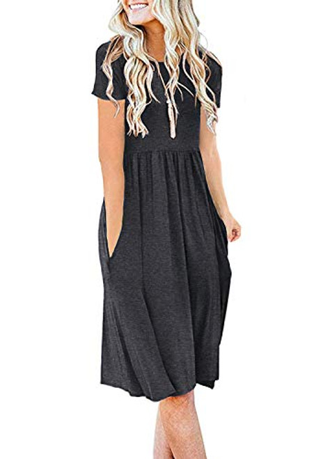 DB MOON Women Summer Casual Short Sleeve Dresses Empire Waist Dress with Pockets Dark Grey XL DB MOON Women Summer Casual Short Sleeve Dresses Empire Waist Dress with Pockets Dark Grey XL