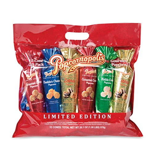 Popcornopolis Popcorn 12 Cone Snack Pack Including Zebra Cheddar Cheese Caramel and Kettle Corn Metallic