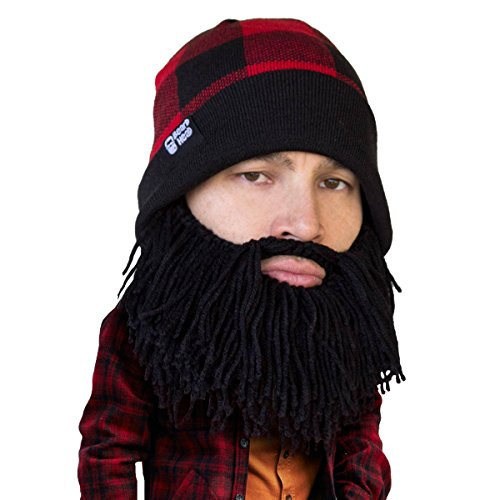 Beard Head Plaid Lumberjack Beard Beanie -Funny Knit Hat and Fake Beard Costume Black