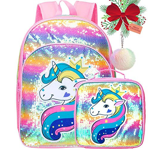 Unicorn Girls Backpack Set 16 Sequin Bookbag and Lunch Box - 3PCS